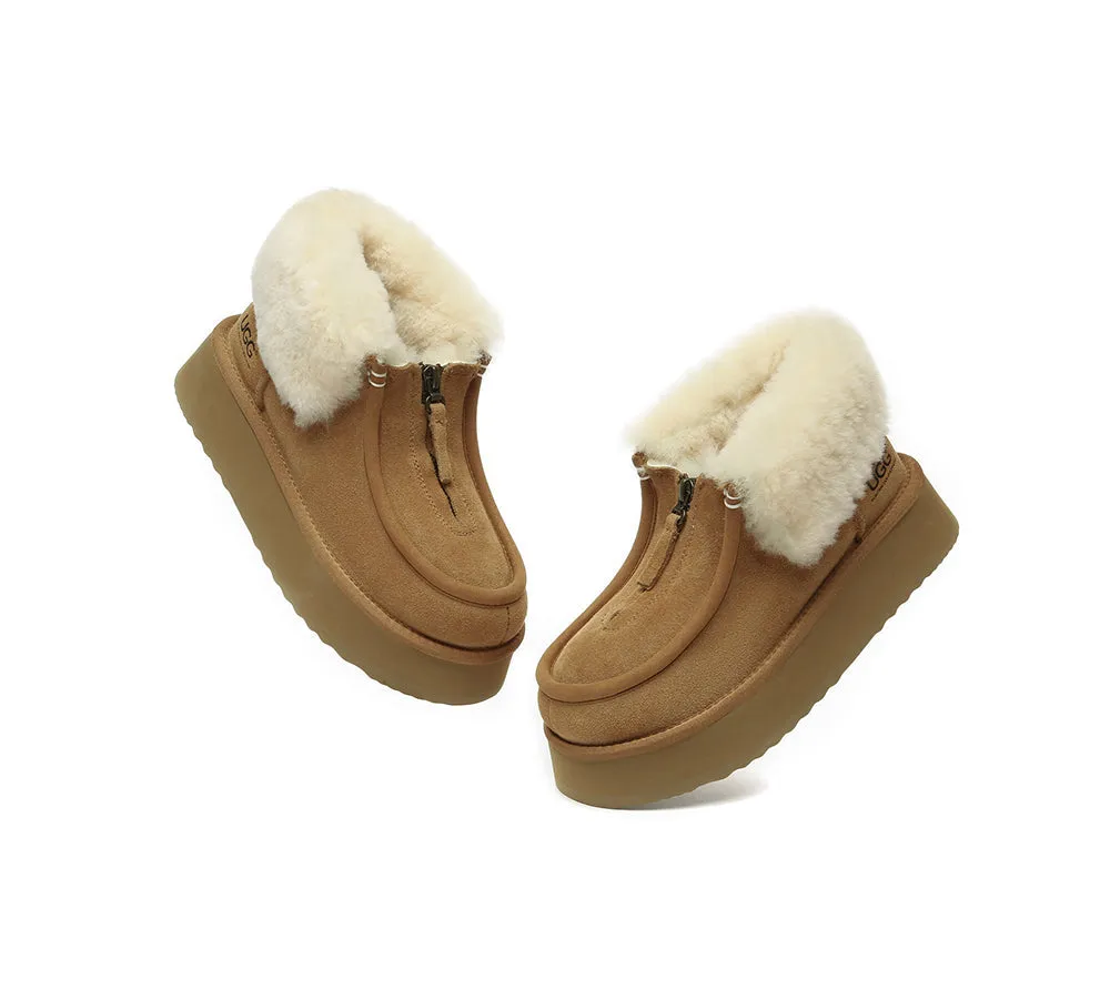 AUSTRALIAN SHEPHERD® UGG Sheepskin Wool Collar Zipper Platform Mini Ankle Boots