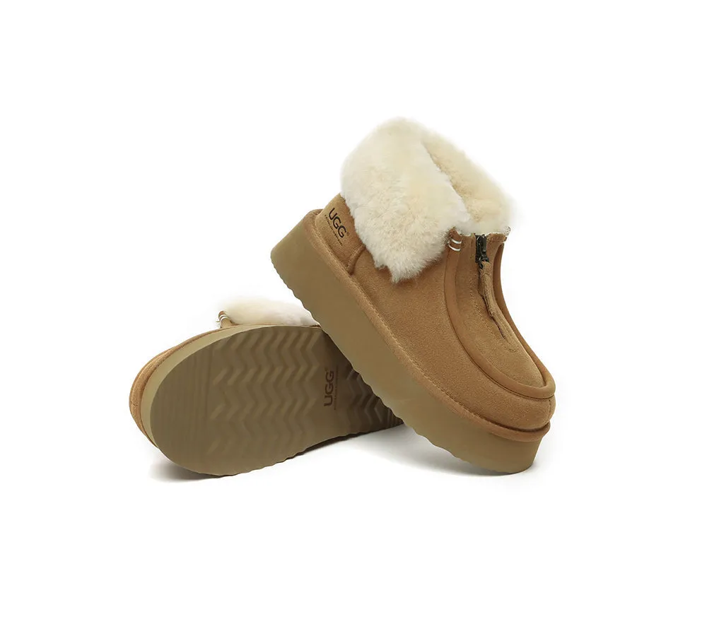 AUSTRALIAN SHEPHERD® UGG Sheepskin Wool Collar Zipper Platform Mini Ankle Boots