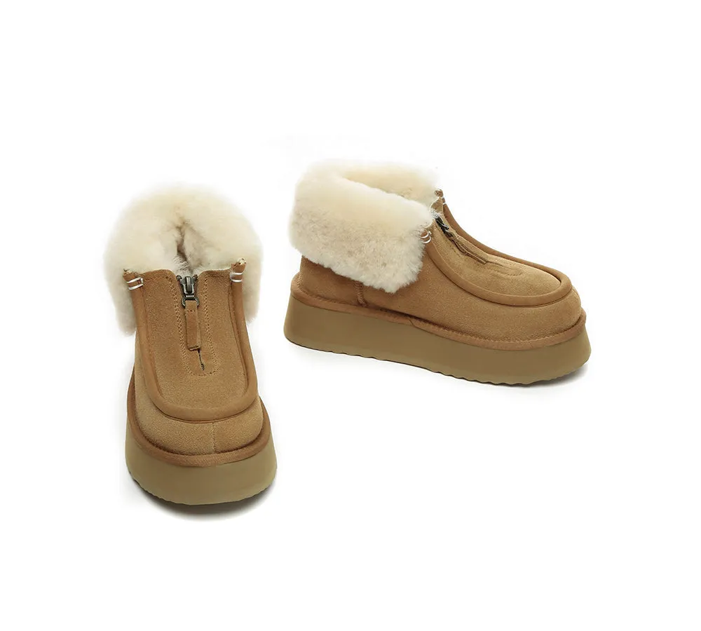 AUSTRALIAN SHEPHERD® UGG Sheepskin Wool Collar Zipper Platform Mini Ankle Boots