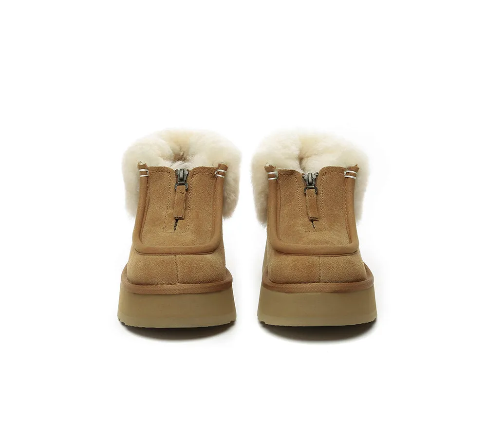 AUSTRALIAN SHEPHERD® UGG Sheepskin Wool Collar Zipper Platform Mini Ankle Boots