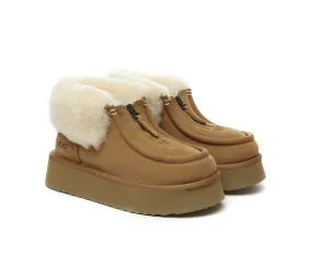 AUSTRALIAN SHEPHERD® UGG Sheepskin Wool Collar Zipper Platform Mini Ankle Boots