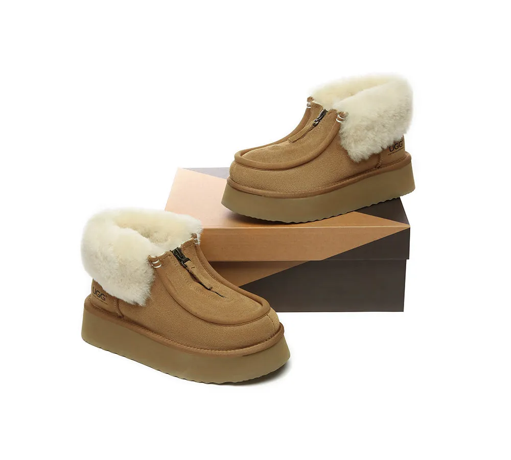 AUSTRALIAN SHEPHERD® UGG Sheepskin Wool Collar Zipper Platform Mini Ankle Boots