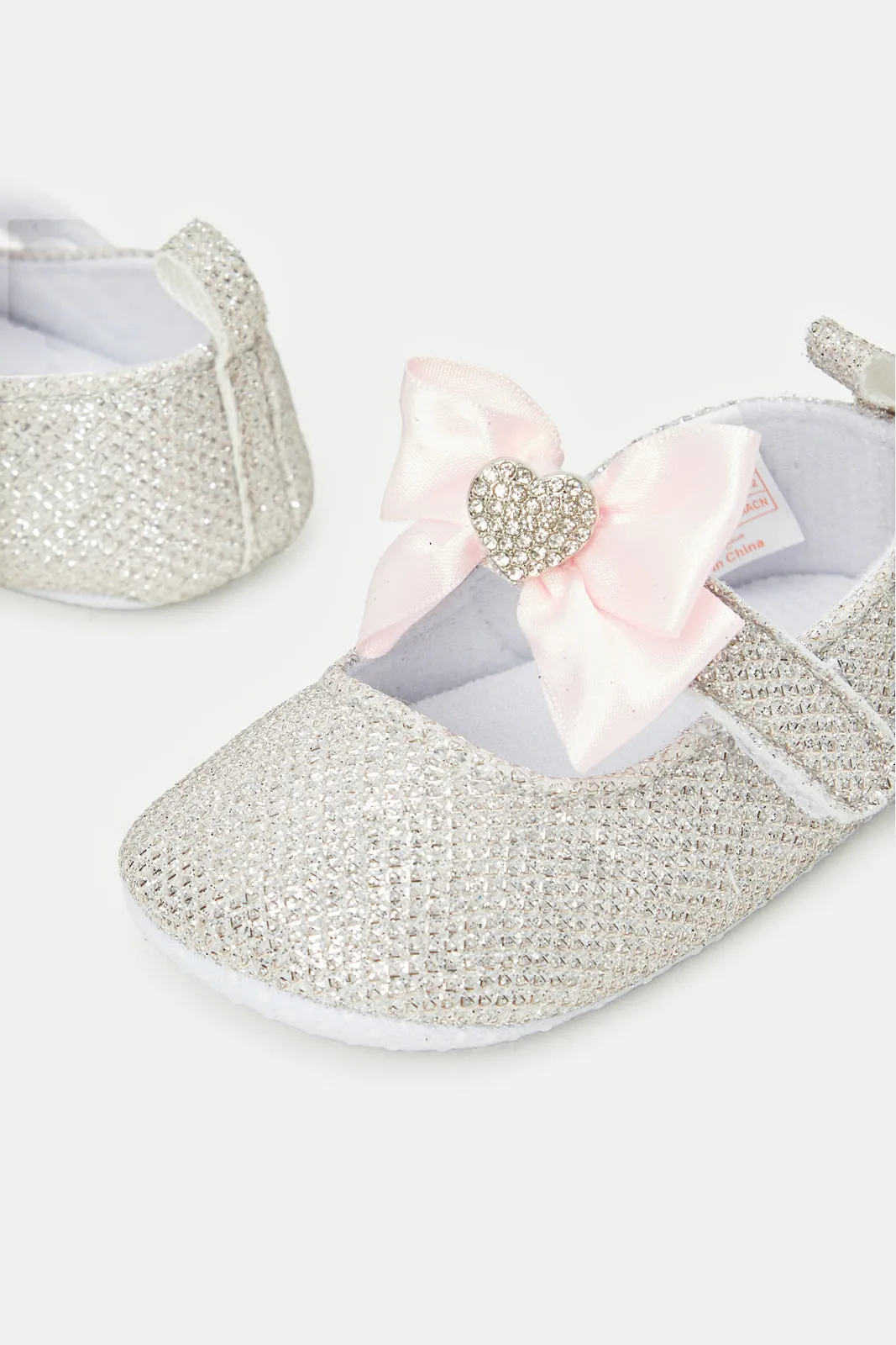 Babies Silver And White Bow Pram Shoe With Headband Set (2 Piece)