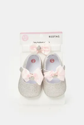 Babies Silver And White Bow Pram Shoe With Headband Set (2 Piece)