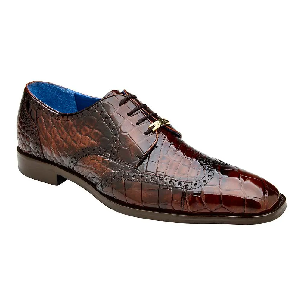 Belvedere Santo Men's Derby Oxford Antique Brown Alligator Wingtip Shoes