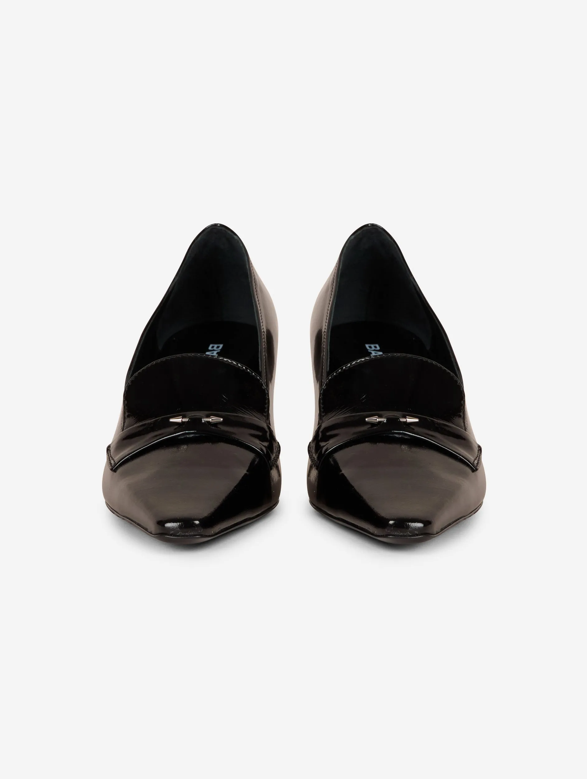 Black patent leather heeled loafers