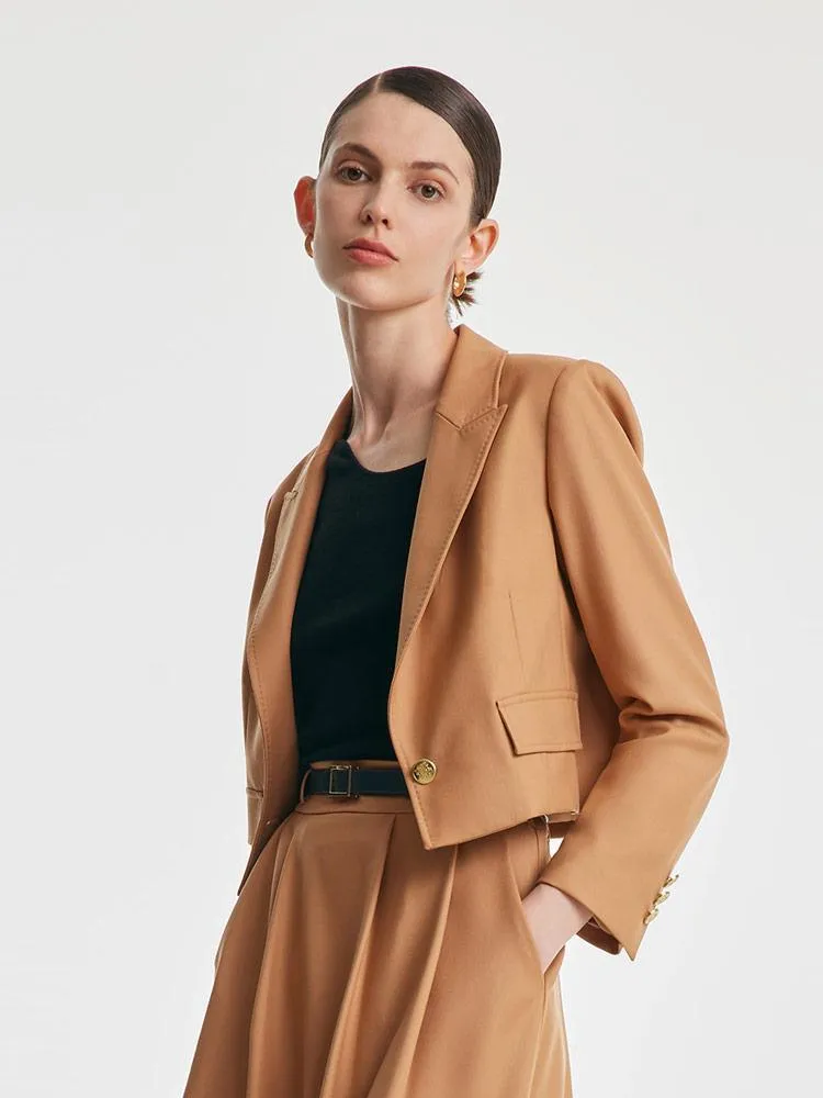 Camel Worsted Woolen Cropped Blazer