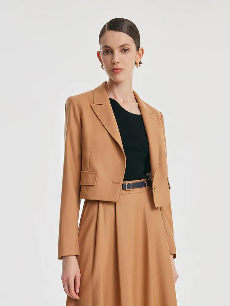 Camel Worsted Woolen Cropped Blazer