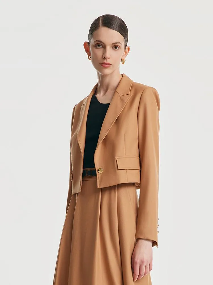 Camel Worsted Woolen Cropped Blazer