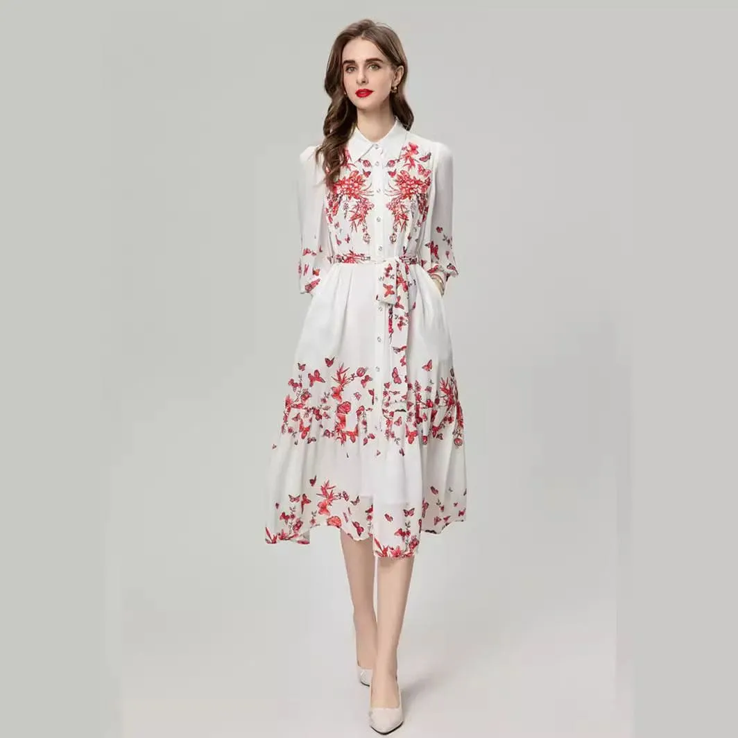 Colorful Floral Lace-Up Dress with Beads and Long Sleeves, Ideal for Heavy Industry