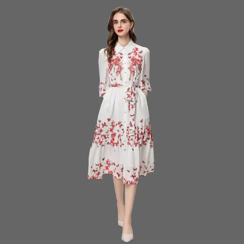 Colorful Floral Lace-Up Dress with Beads and Long Sleeves, Ideal for Heavy Industry