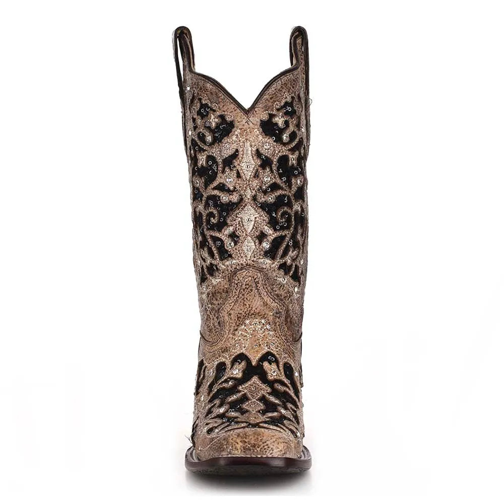 Corral Women’s Brown Inlay, Flowered Embroidery & Studs Boots