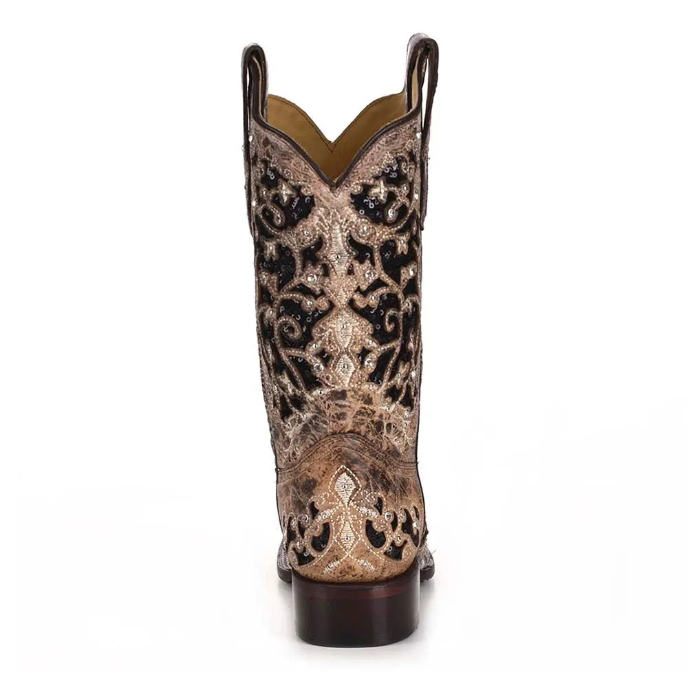 Corral Women’s Brown Inlay, Flowered Embroidery & Studs Boots