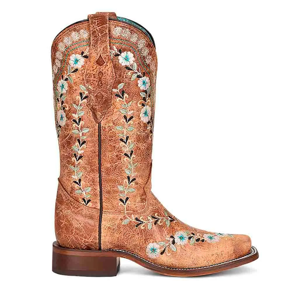 Corral Women's Square Toe Western Cognac Embroidery Cowhide Boots