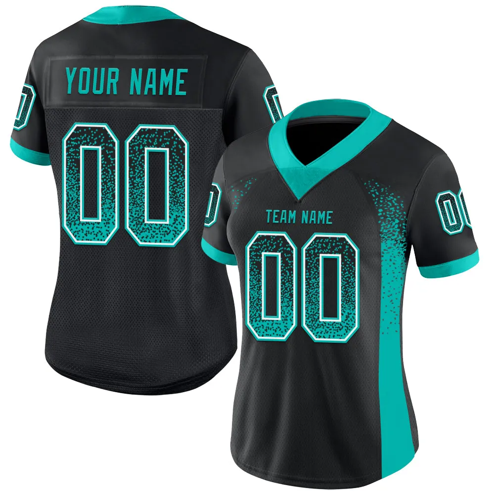 Custom Black Aqua-White Mesh Drift Fashion Football Jersey