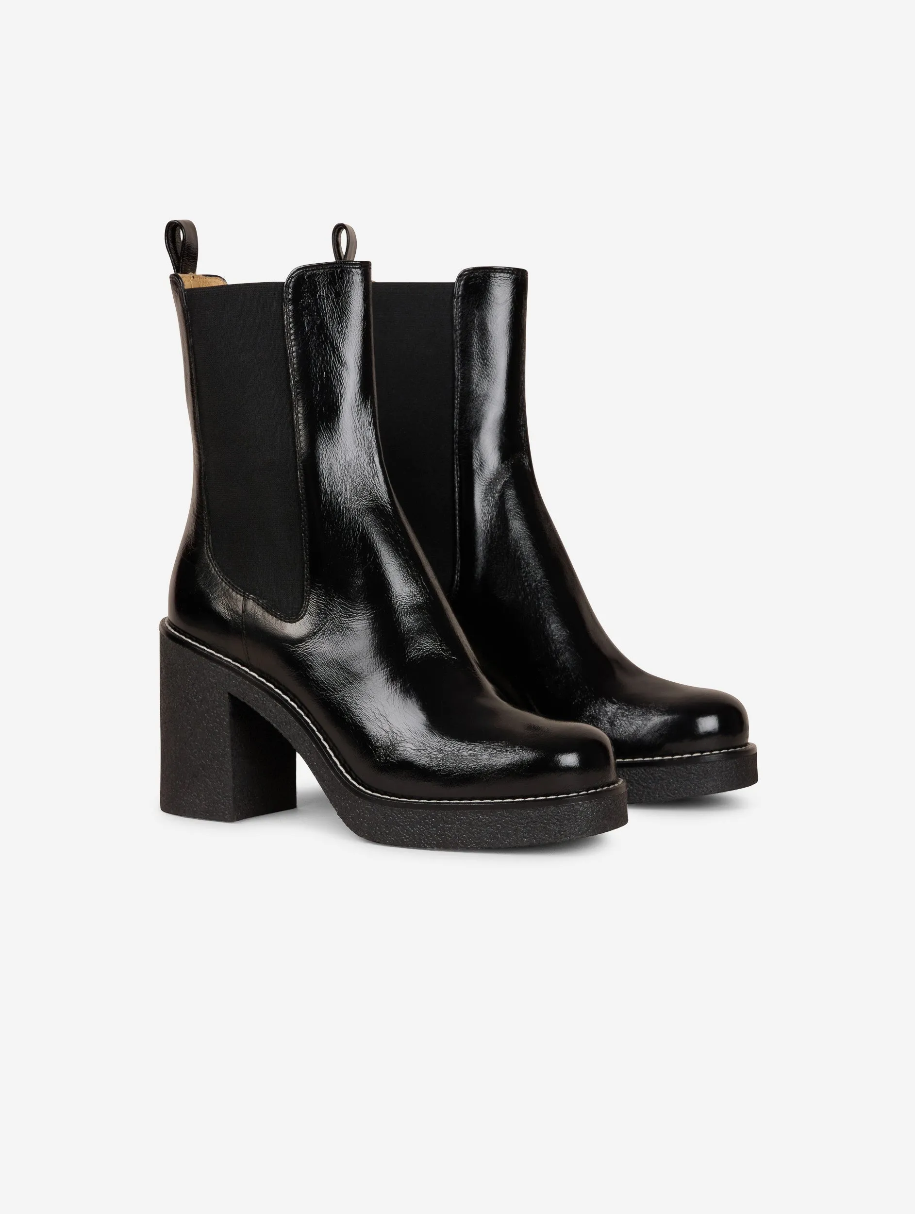 Elasticated black patent leather ankle boots