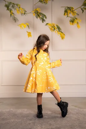 Fitted and Flared Coat for Girls in Yellow with White Floral Print | 'Majestic Yellow'