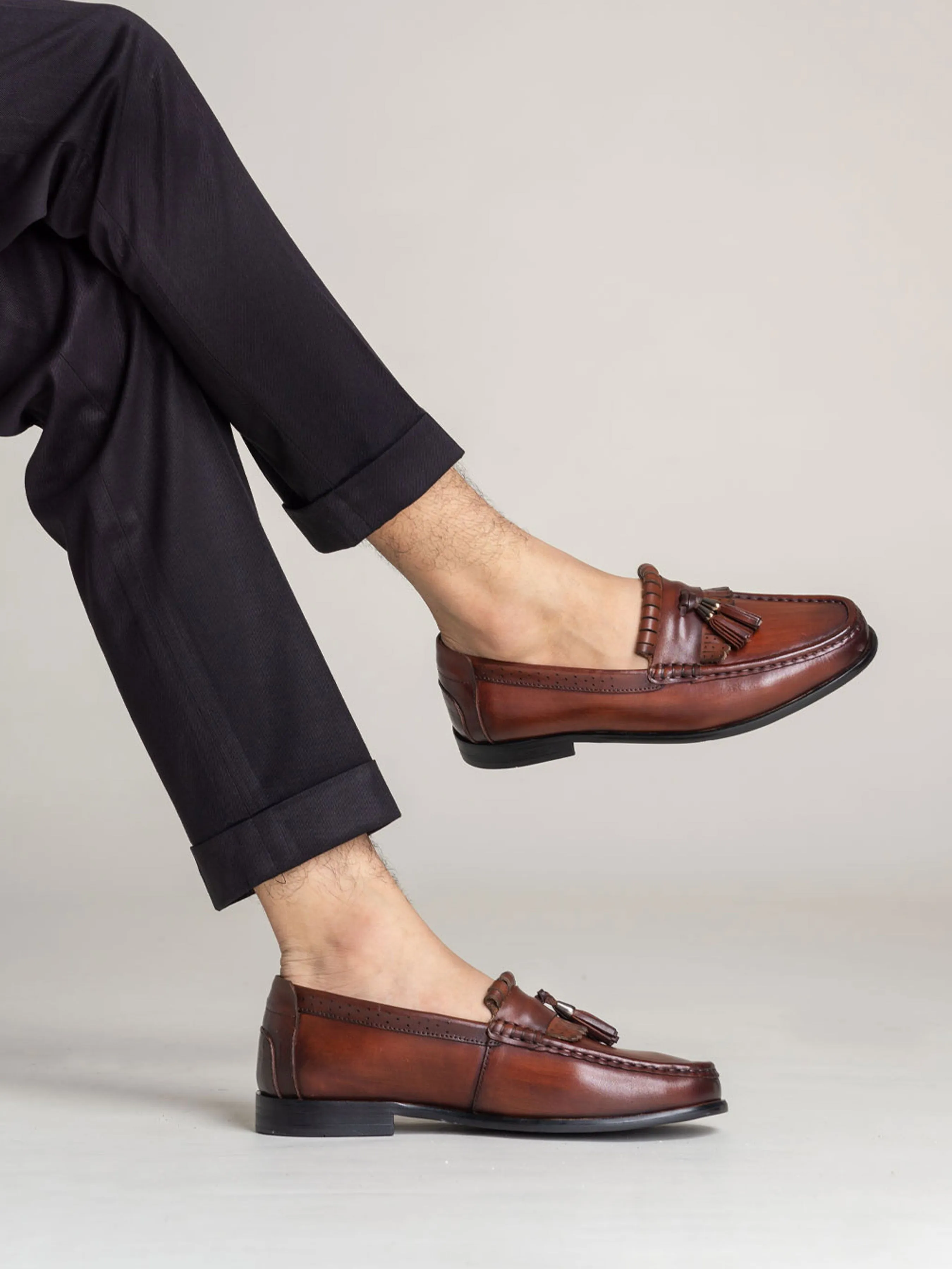 Fringe Classic Loafer - Cognac Tan with Tassel (Hand Painted Patina)