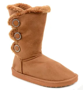 Furry Button Flat Black Tan or Brown Vegan Suede Women's Warm Slipper Boots