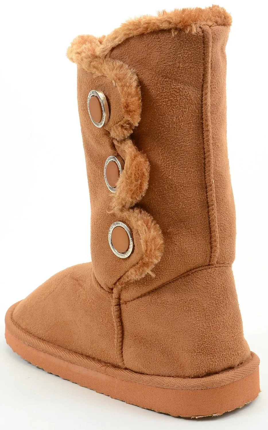 Furry Button Flat Black Tan or Brown Vegan Suede Women's Warm Slipper Boots