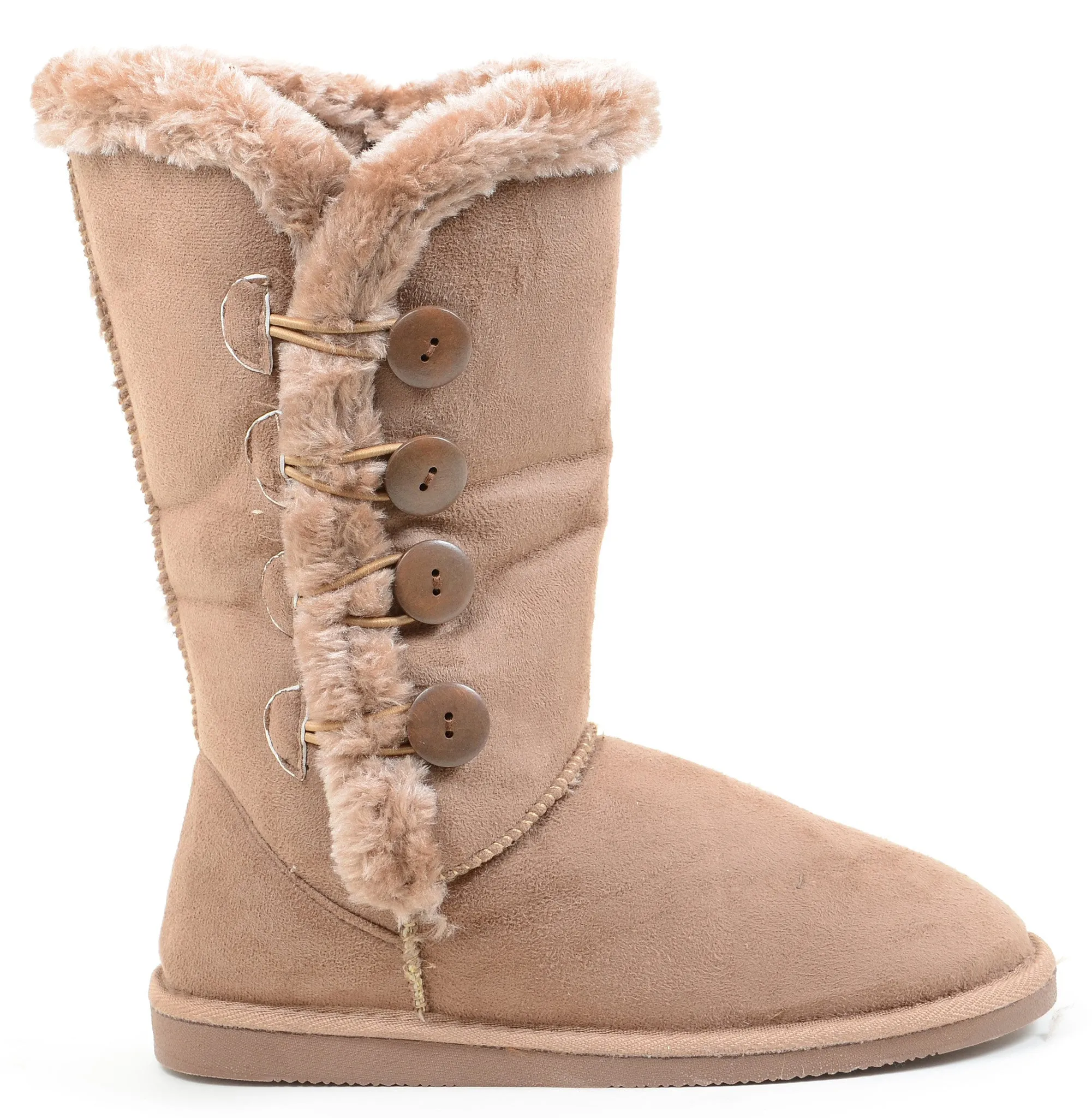 Furry Button Flat Vegan Suede Women's Warm Boots