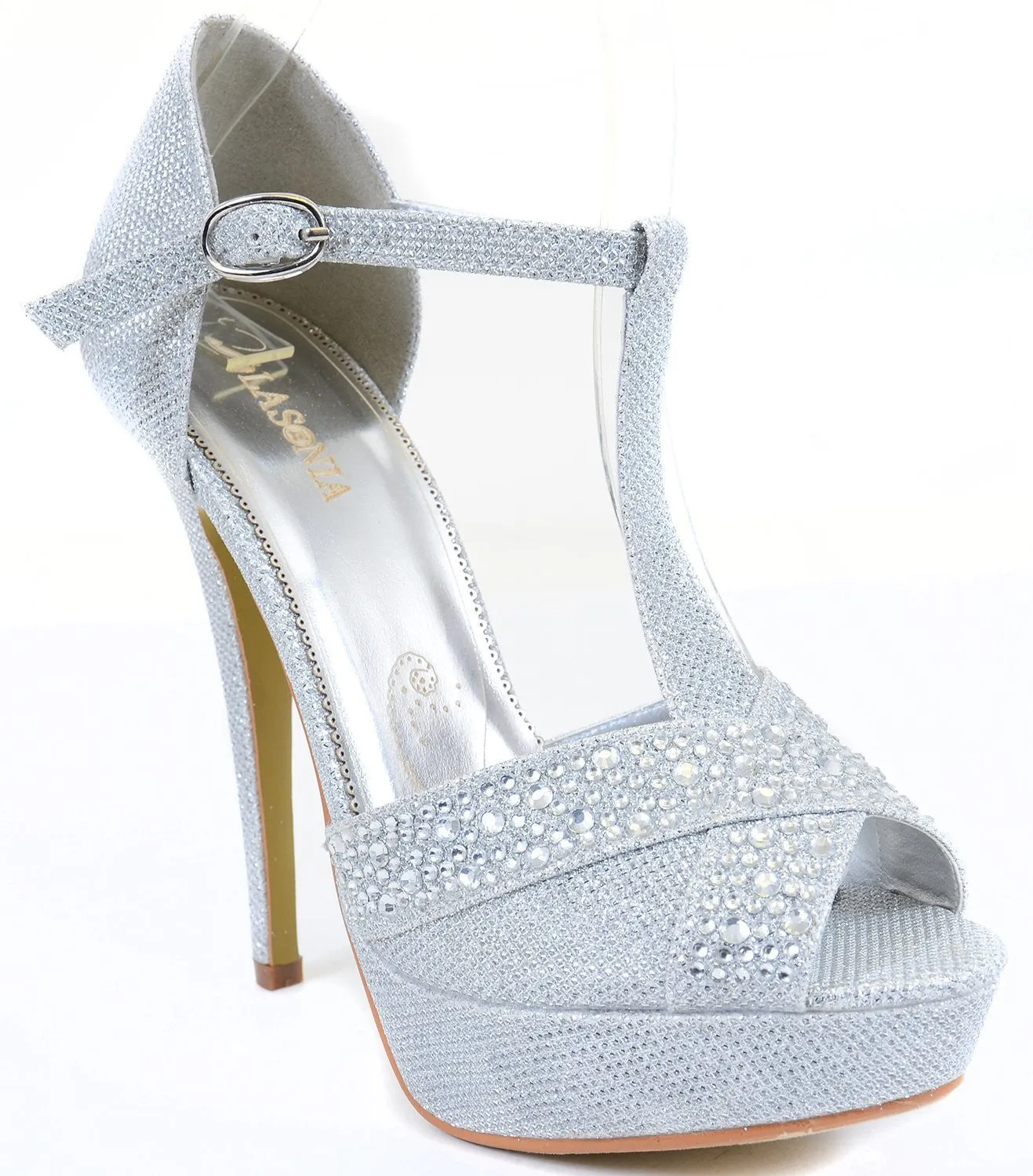 Jeweled Glitter Beaded Peep-toe T-strap Formal Party Heels