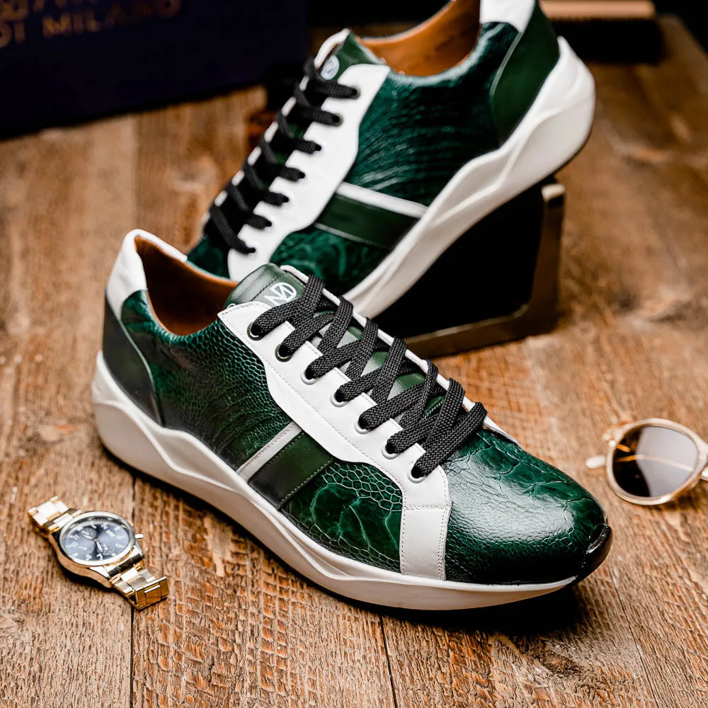 Marco Di Milano LYON Hand-Painted Two tone Green/White Ostrich & Calfskin Sneakers