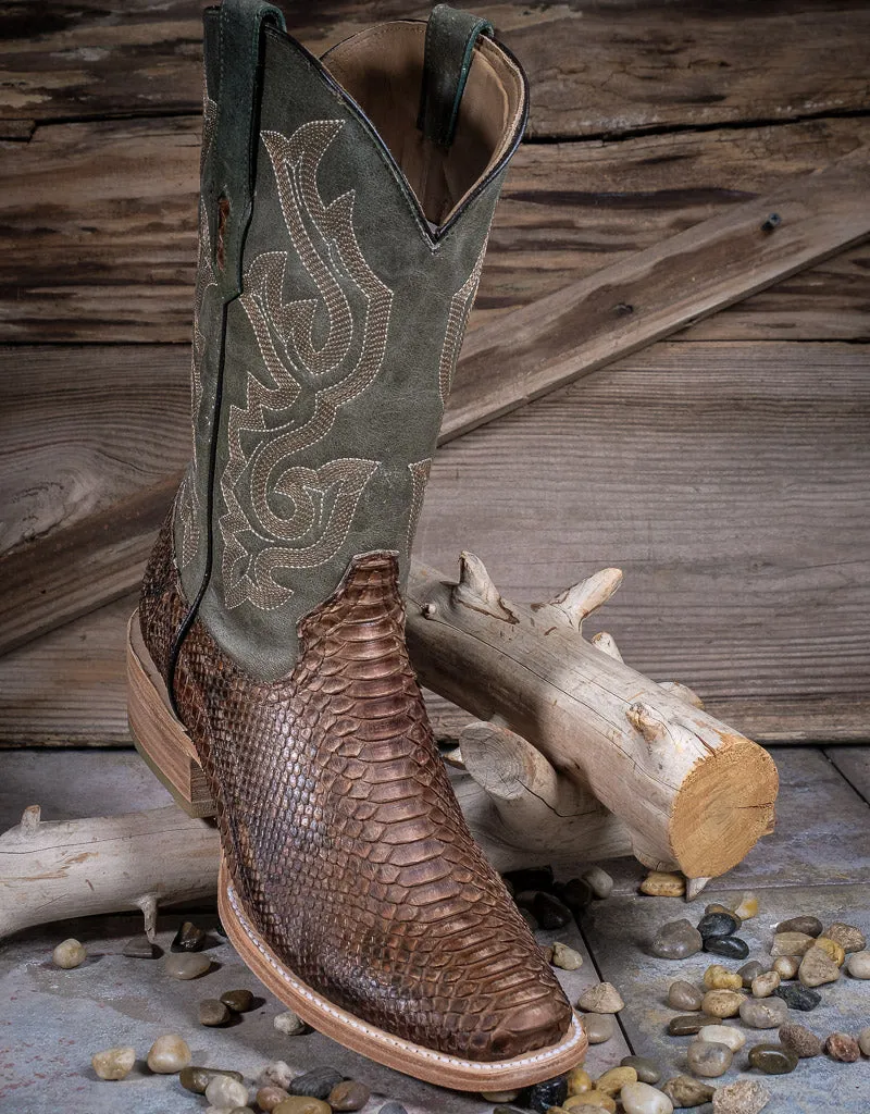 Men's Green Python Narrow Square Toe Western Boots A4287