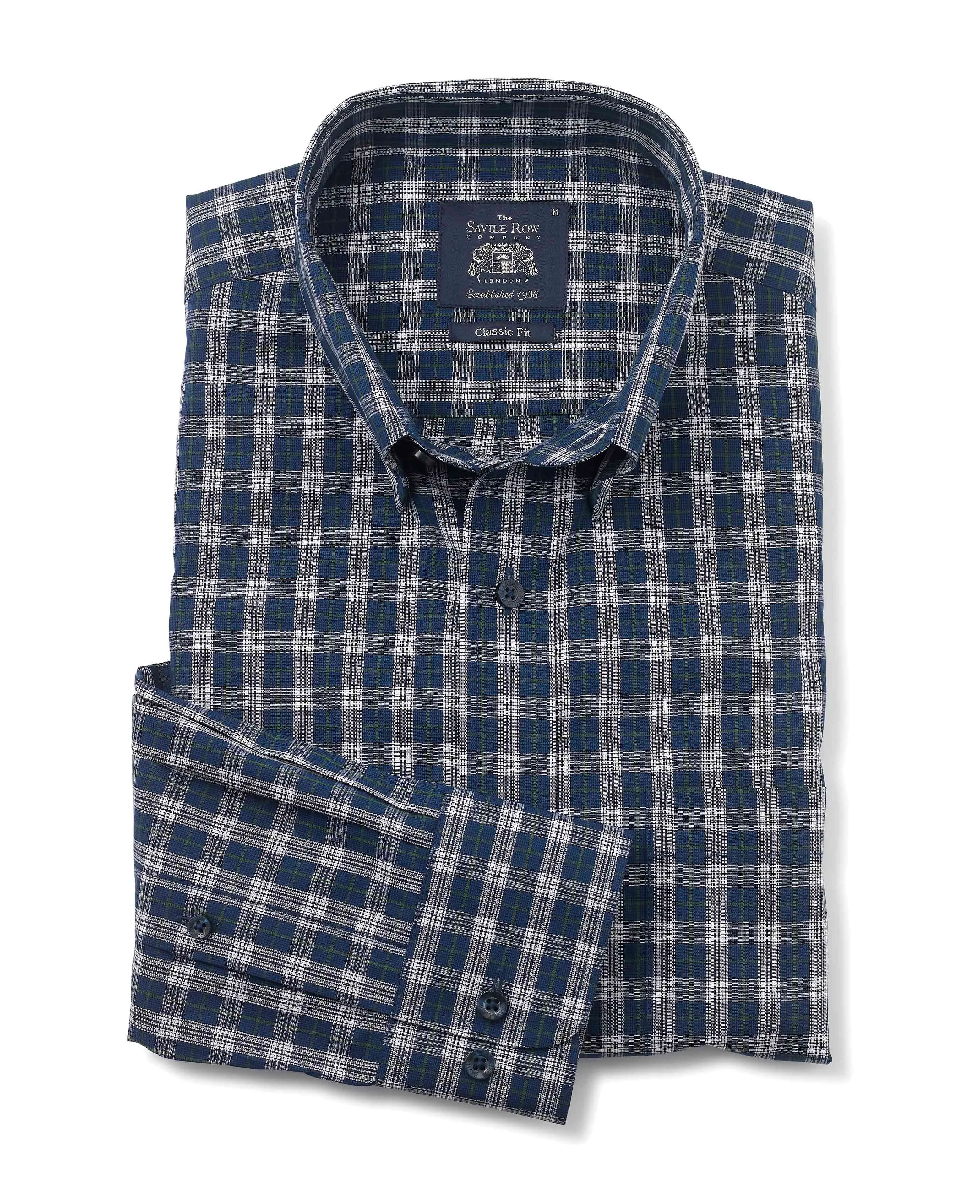 Navy White Green Check Classic Fit Casual Shirt