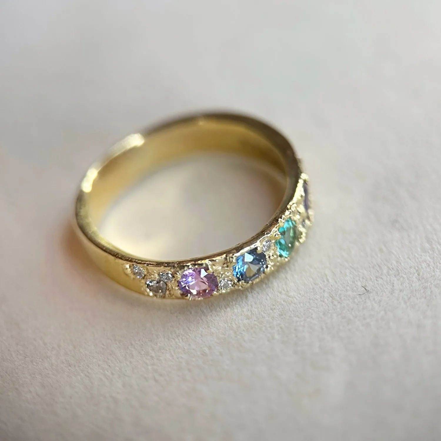 One-Of-A-Kind Pastel Ring Band 18 Ct gold Diamonds and Sapphires (Exclusive to Tomfoolery London)