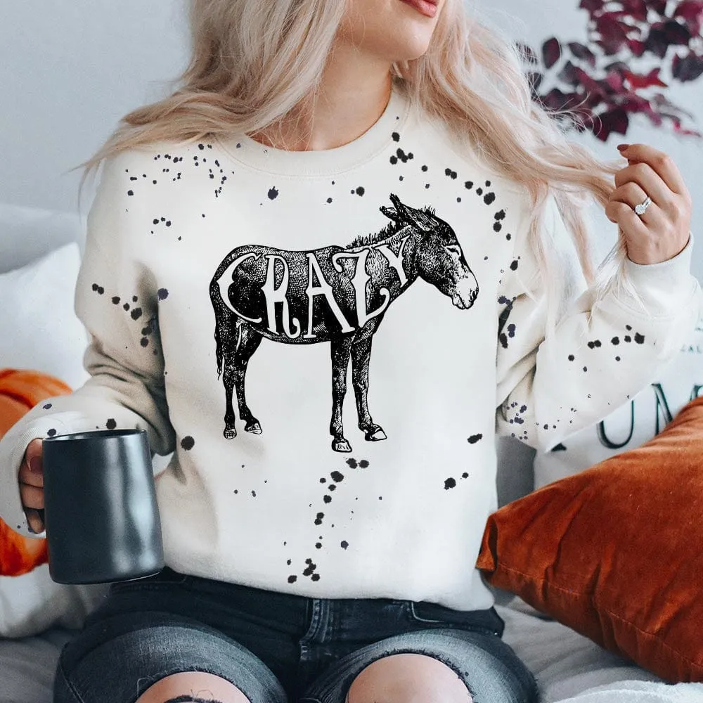 Online Exclusive | Crazy Donkey Long Sleeve Splatter Paint Graphic Sweatshirt in White