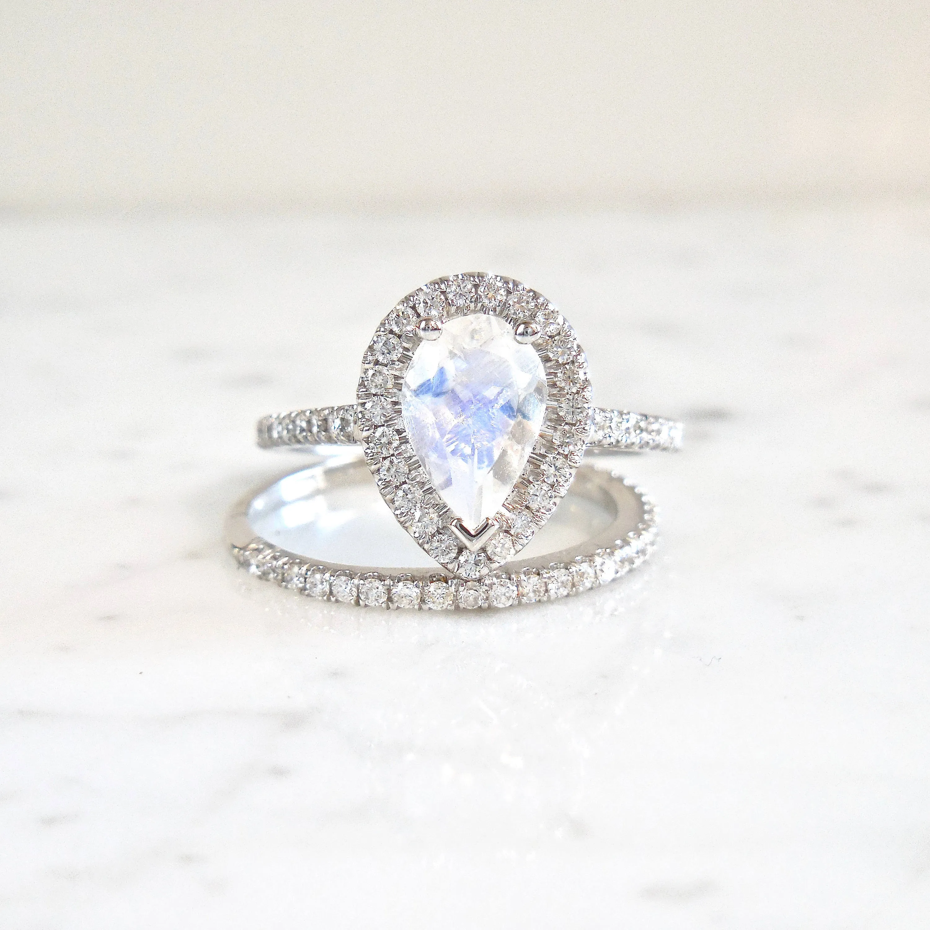 Pear Moonstone Halo Ring - Moonstone Diamond Engagement Ring or Wedding Set - Moonstone Wedding Set