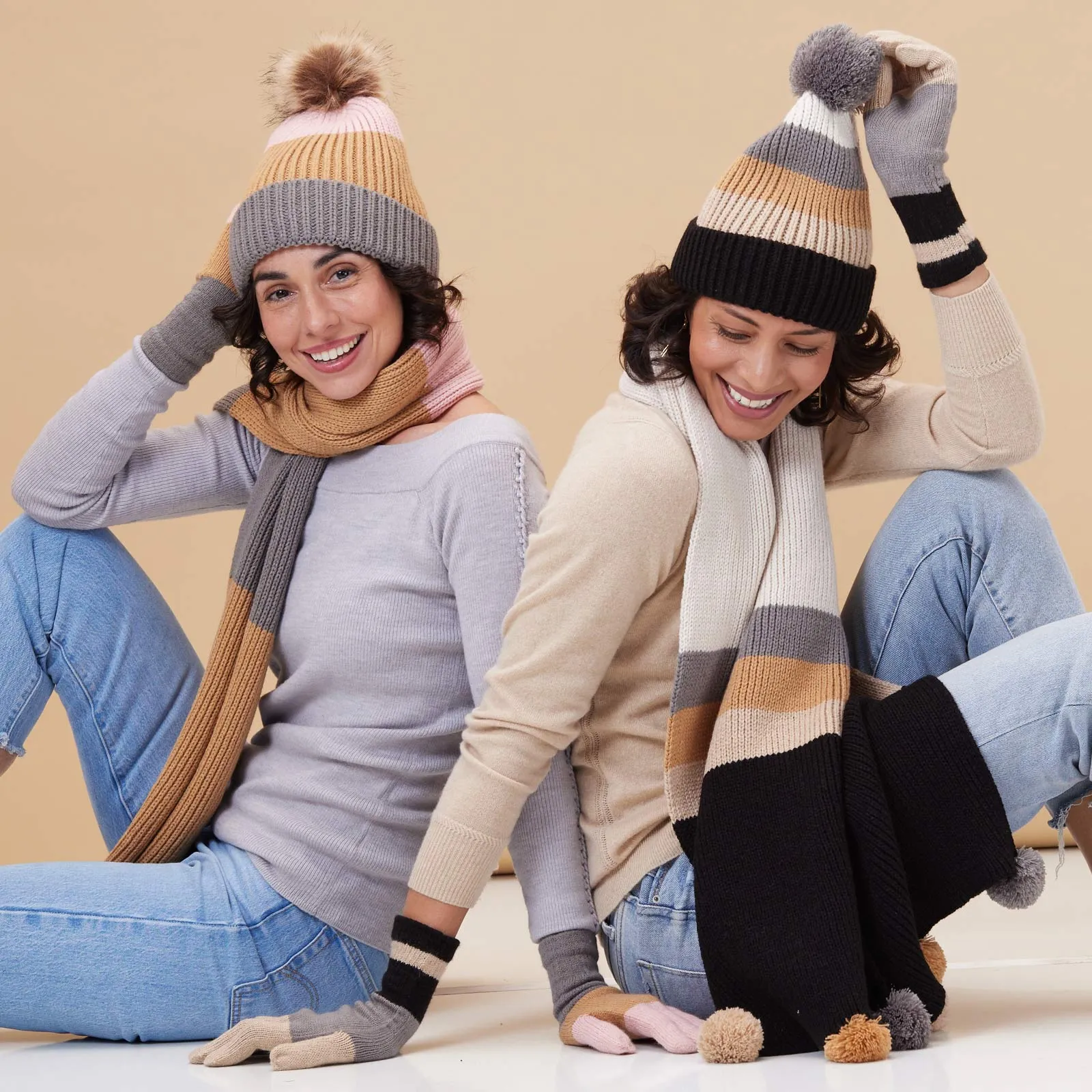 Piccadilly Striped Black and Tan Knit Beanie