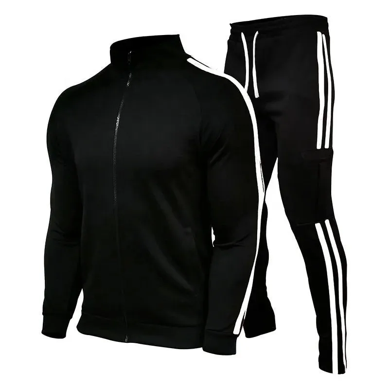 Plus Size Men's Jogging Sport Set with Three Stripes Stand Collar Zipper Workout Sports Suit Outdoor Running Sets