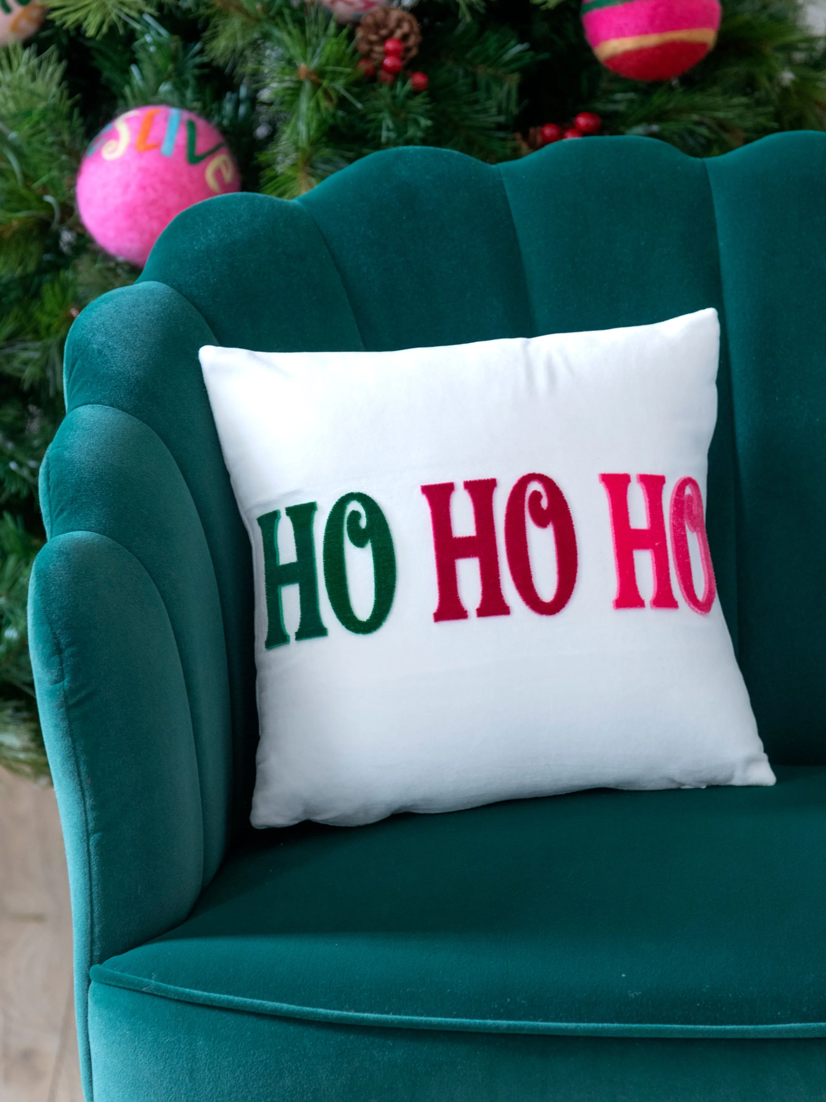 Shiraleah "Ho Ho Ho" Velvet Pillow, Ivory