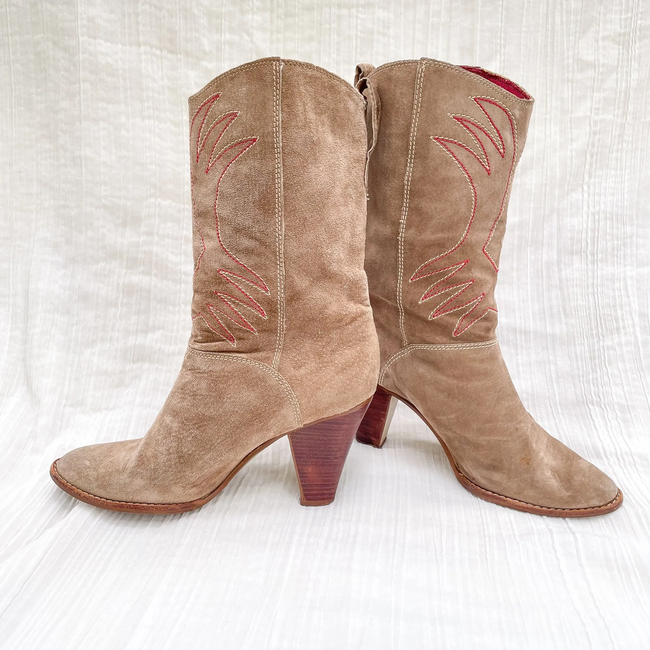 SOLD Vintage 80s Womens Western Boots, Beige Suede Made in Brazil 7 1/2