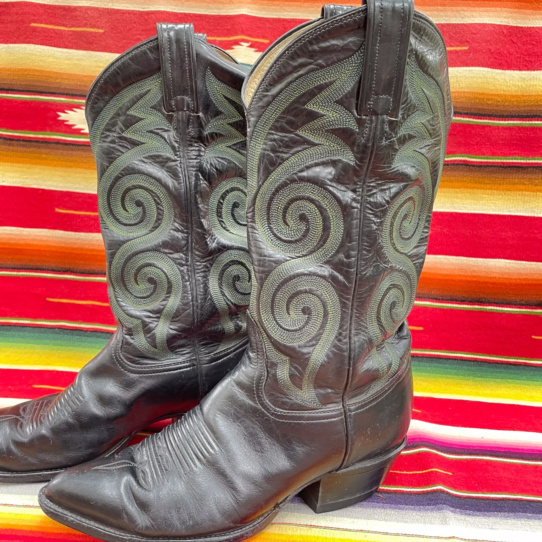 SOLD Vintage Tony Lama Mens Western Boots, Black Leather Green Stitching 8D