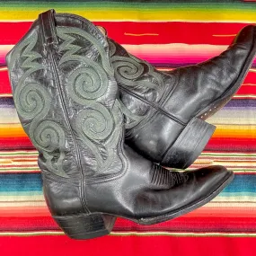 SOLD Vintage Tony Lama Mens Western Boots, Black Leather Green Stitching 8D