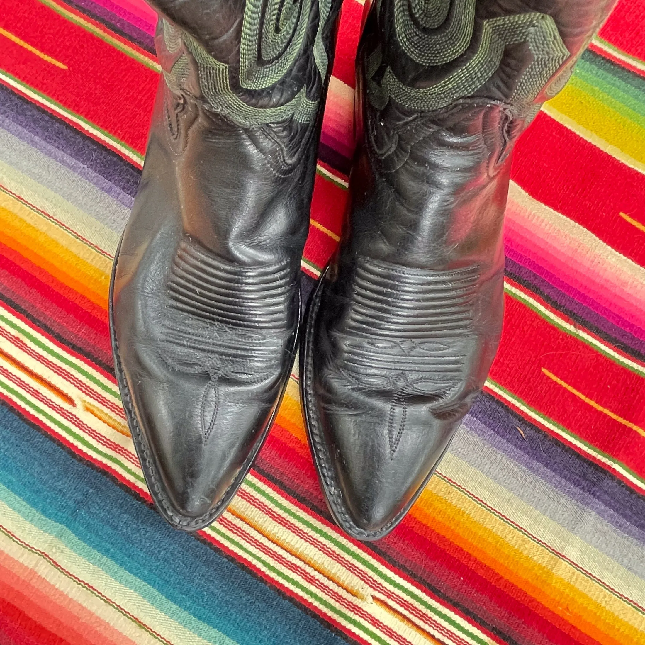 SOLD Vintage Tony Lama Mens Western Boots, Black Leather Green Stitching 8D