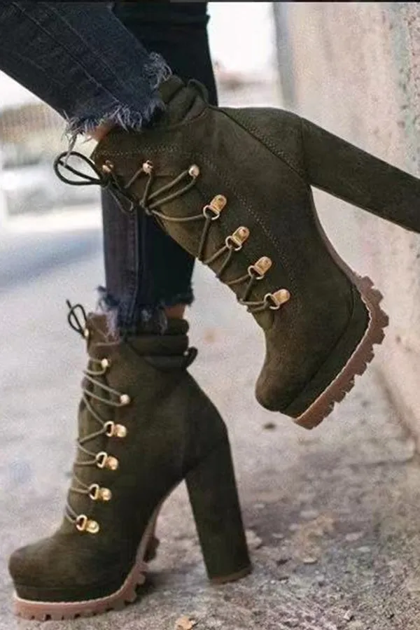 Suede High Heel Lace Up Studded Martin Boots