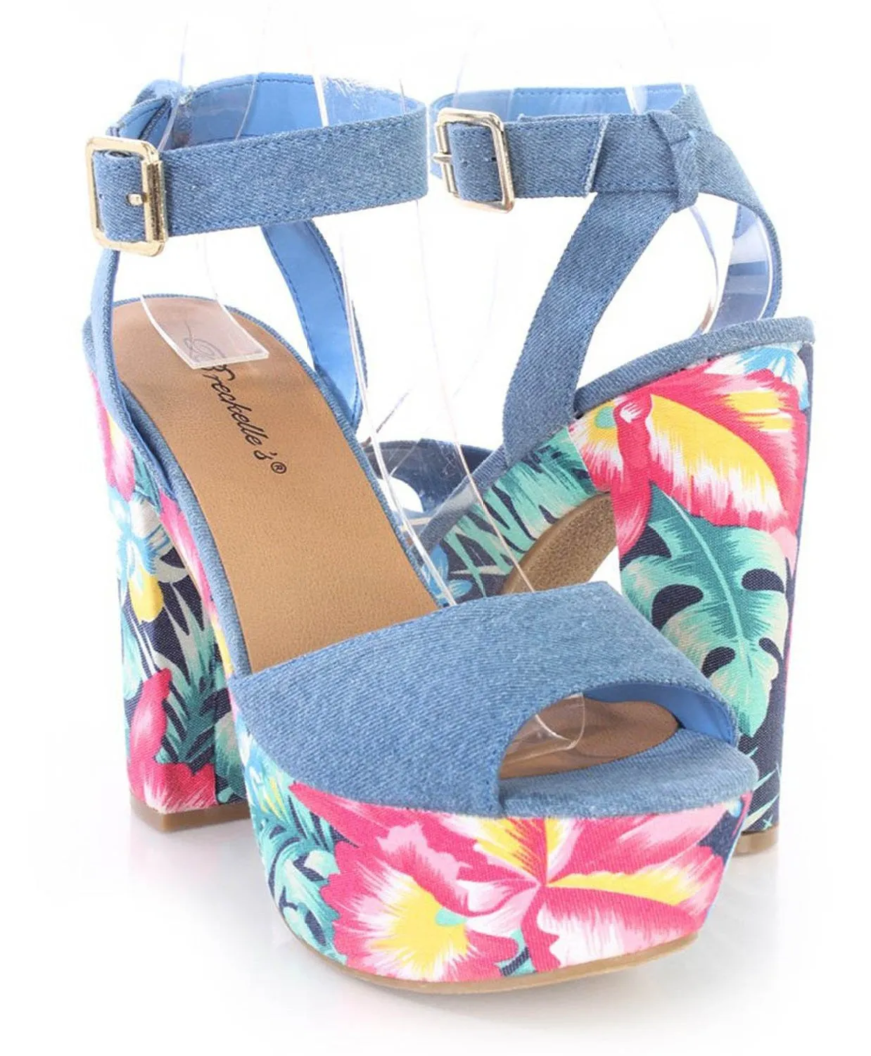 Tropical Floral Aqua Peep Toe Denim Platform Strappy Heels