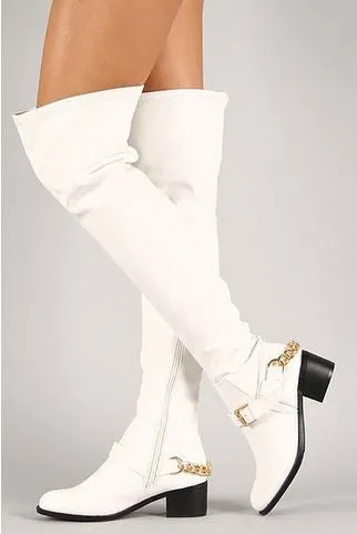 White Ankle Chain Buckle Thigh High Riding Boot